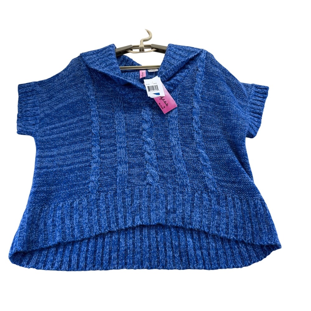 I...Confess Sweater Vest Womens XL Lapis Blue Cable Knit Hooded High-Low 3E100
